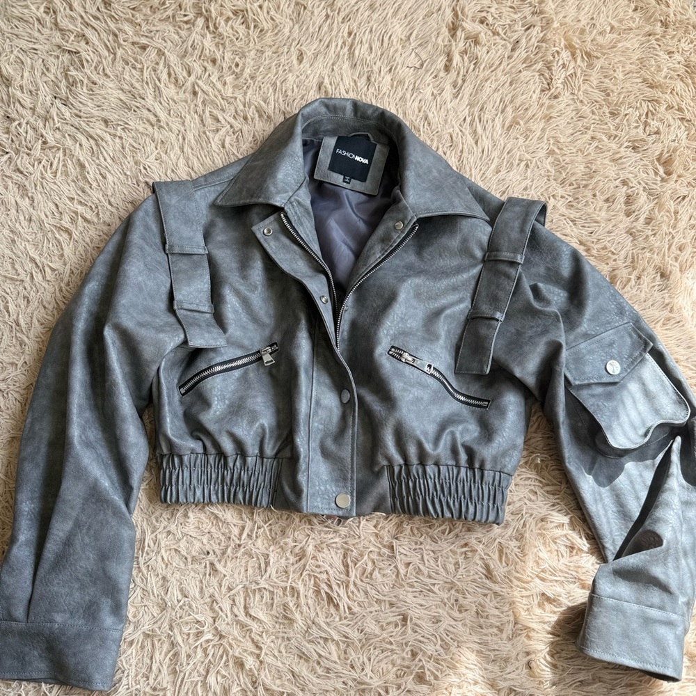 Grey Faux Leather Cropped Jacket - Picture 3 of 5